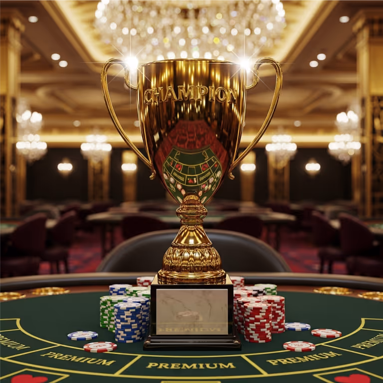 Rainbet Casino featuring a poker table stacked with chips and cards in a modern high-rise lounge overlooking the city skyline.